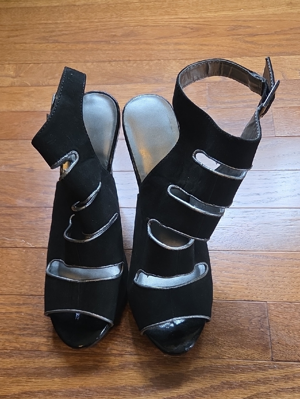 Black Cutout Ankle-Strap Heels with Metallic Trim
